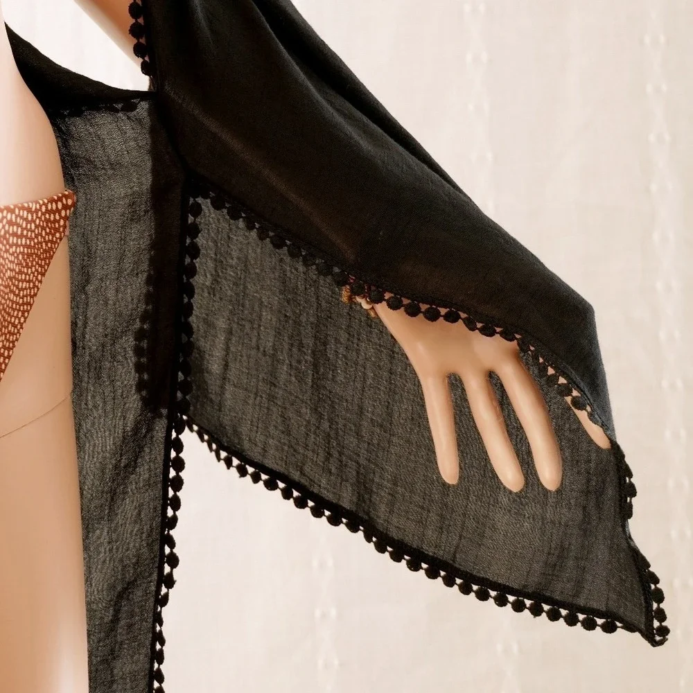 Black Gauze Kimono Swimsuit Cover Up Pom Pom‎ Trim Crochet Lace Back Boho Wrap